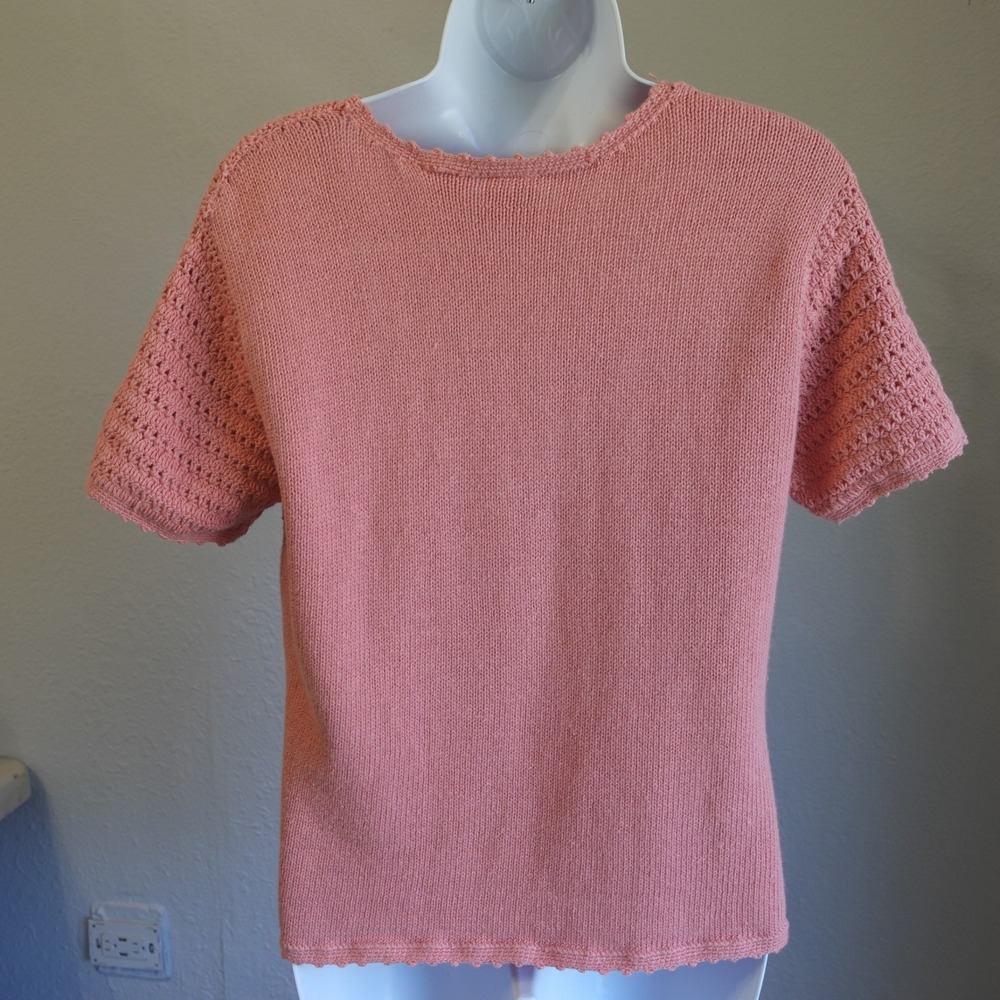 Vintage Crochet Knit Cardigan Coral Peach Medium Granny Cottage Ramie Pastel Top - Picture 4 of 9